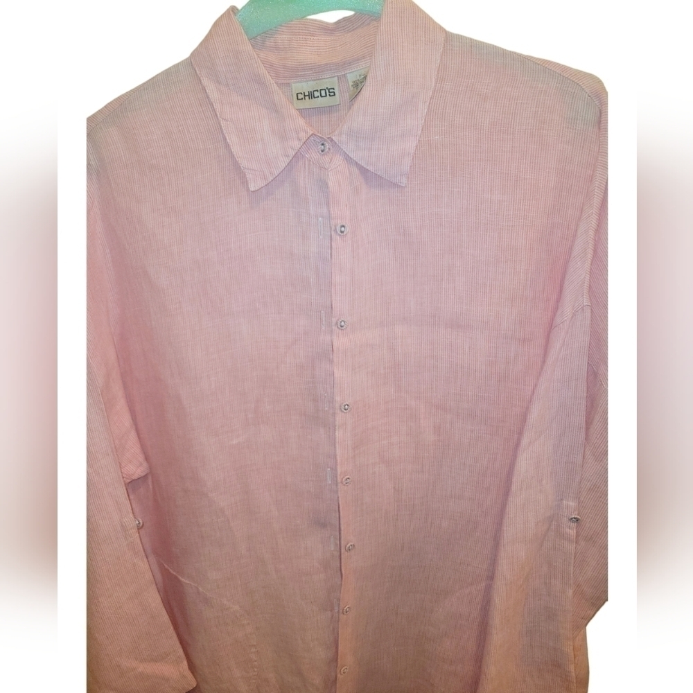 Chico's Pink and White Stripped Linen Button Down Side Pocket Knee Length Shirt - Picture 2 of 6